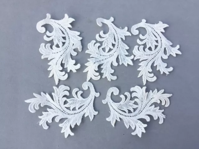 Aplique de encaje vintage adorno costura artesanías boda helecho blanco hoja 4""x3"" lote de 5