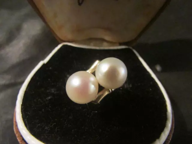 Beautiful Vintage Quality Unusual 14ct Gold & Double Cultured Pearl Ring