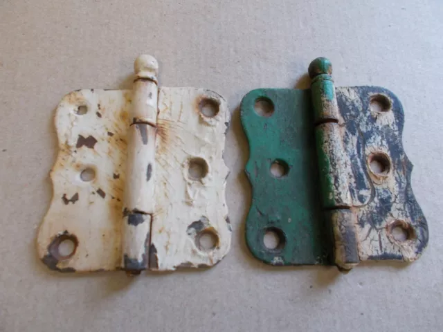 Vintage Pair Door Hinges Farm House Cabin Chippy Paint Green White Ornate