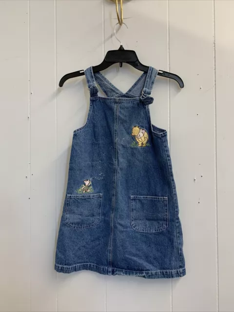 Vtg Disney Store Kids 6/7 Jumper  Overall Dress Pockets Denim Winnie The Pooh