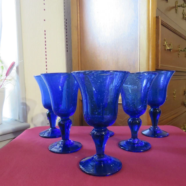 6 Vasos de Vino Rojo de Cristal Soplado Y Burbuja Color Azul Firmado Biot