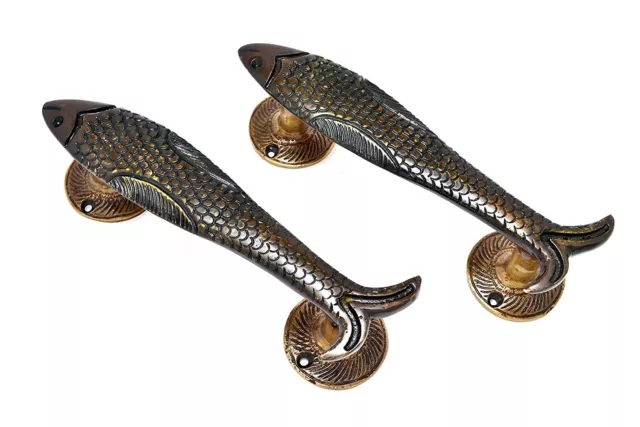 Handmade Antique Finish Multicolored Fish Design Brass Door Handle Pair