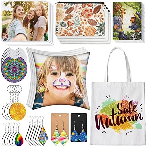 57Pcs Sublimation Blanks Products Set DIY Sublimation Blanks Makeup Bag Keych...
