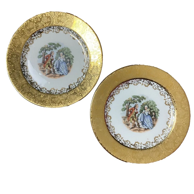 Vintage Syracuse China 22K Gold Victorian Scene Couple Plates O.P. Co 6 1/4"