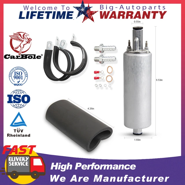 Universal Inline External Fuel Pump 255LPH 400-939 3/8" Fitting Mount Kit GSL392