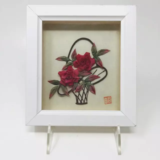 Framed Silk Roses Shadow Box Mini Wall Art Decor 3D Pink Red Cottagecore Asian