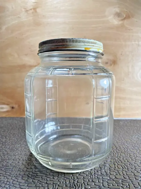 Vintage  Hoosier Cabinet Style Glass Round Canister, Ribbed Corners Jar w Lid 2