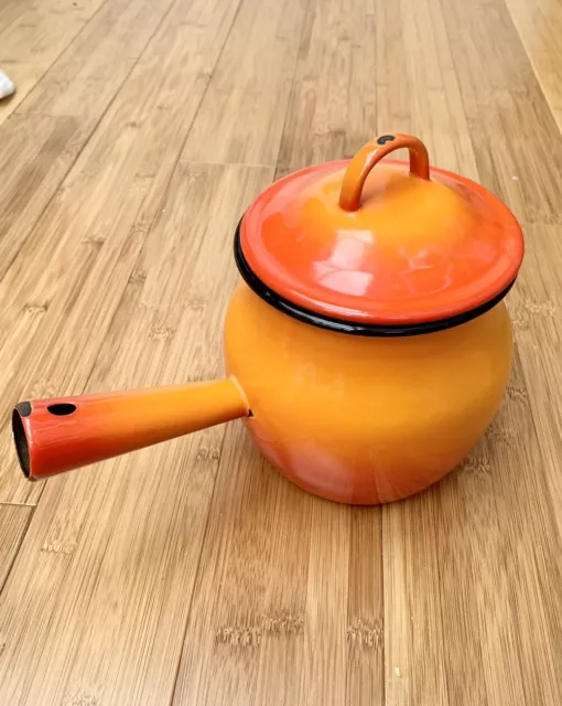 Vintage 60’s French Pot Belly Orange Enamelware Saucepan With Lid Fondue Pot