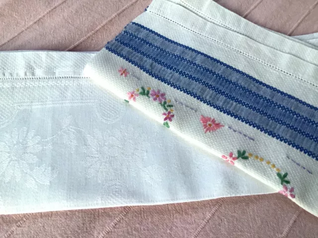 2 X Vintage Linen Huckaback Towels one with Hand Embroidered Border