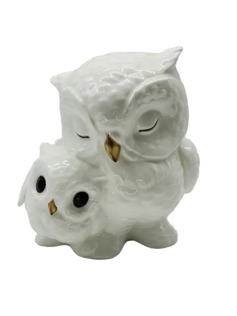 Royal Osbourne Bone China Twin Owl Ornament. Mother & Baby Owl White.