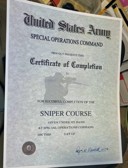 C5 US Army SPECIAL OPERATIONS COMMAND Sniper Course Certificate.