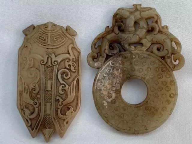 2 Superb Chinese 19th/20th Century Carved Pale Celadon Jade Plaques/Pendant