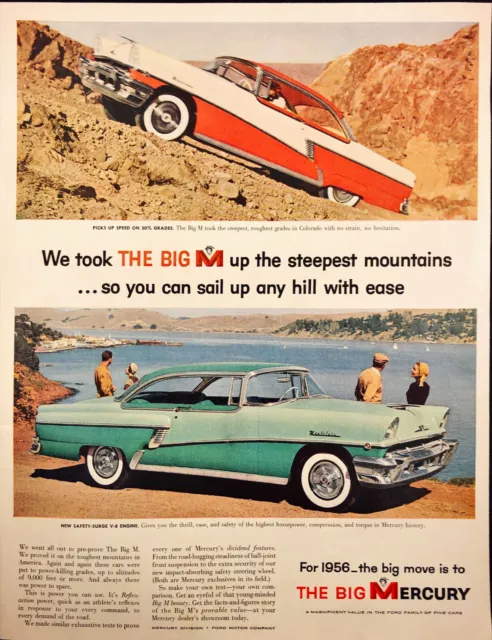 Mercury Auto "The Big M" Driving Up Steep Hill & Overlooking Water 1956 Print Ad