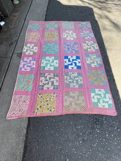 Vintage Antique Patchwork Handmade Quilt Bedspread Hand Sewn Geometric Pattern