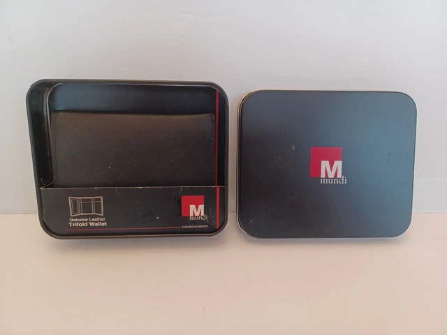 Men's Black Leather Tri-Fold Wallet Nwt & Case Mundi Brand