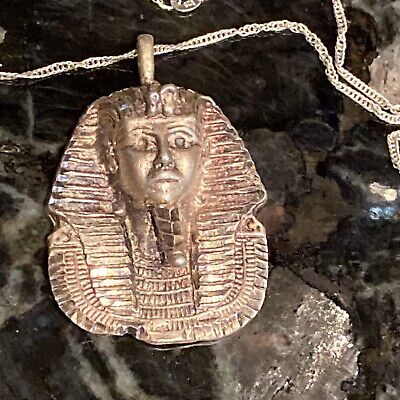 VNTG Sterling Silver DETAILED Large King Tut Egyptian Necklace Pendant 925 Chain