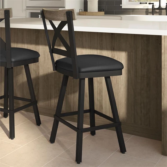 Amisco Snyder 30 In. Bar Stool - Black Faux Leather / Black Metal / Beige Wood