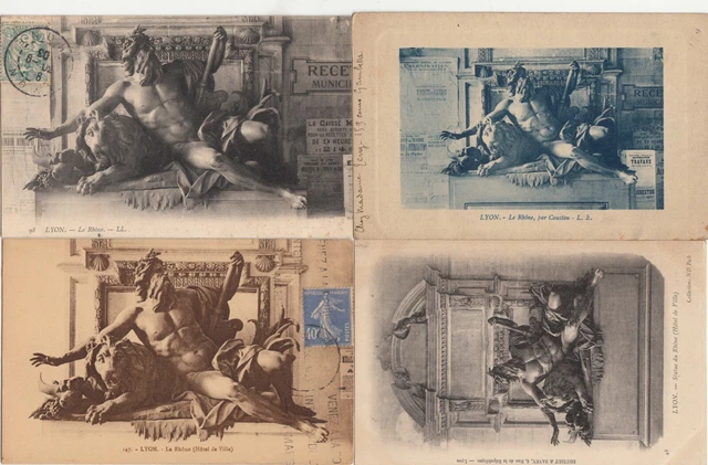 Lot de 4 cartes postales anciennes LYON le rhône sculpture des frères coustou 2