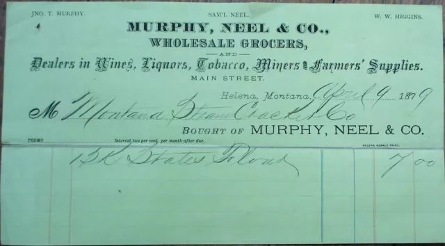 Helena, MT 1879 Letterhead: Tobacco/Cigar/Wine/Liquor & Mining Supply - Montana