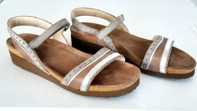 Naot Womens Size EU 41 (US 10 Med) Silver & Tan Leather Adjust Slingback Sandals