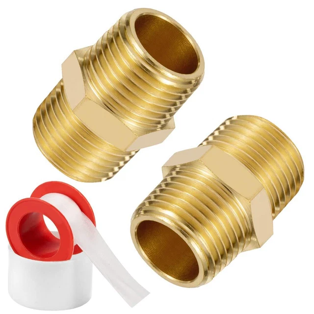 1/2" NPT Brass Nipple Pipe Fittings, Male Threaded Hex Straight Connector, 2Pack