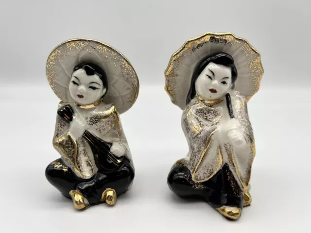 Pair of Porcelain Figurine Woman & Parasail Gold Black White Vintage Rare