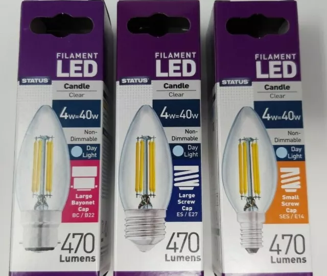 LED Candle Clear Filament Light Bulbs 4w = 40w B22 BC E27 ES E14 SES Daylight