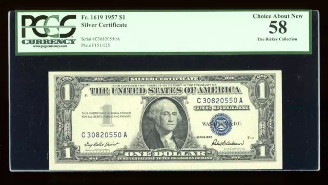 DBR 1957 Silver Fr. 1619 CA Block PCGS 58 Serial C30820550A