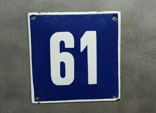 Vintage Enamel Sign Number 61 Blue House Door Street Plate Metal Porcelain Tin