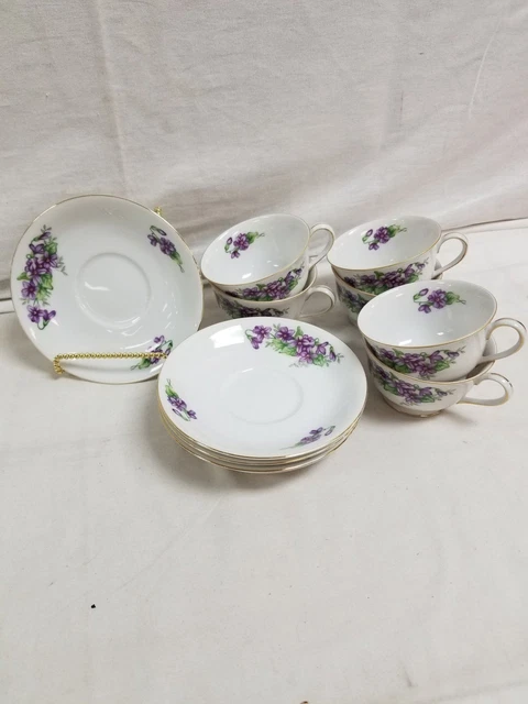 Set of 6 Ucagco China Purple Violets Delicado w/ Gold Trim Teacups & Saucers Set of 6 Ucagco China Purple Violets Delicado w/ Gold Trim Teacups & Saucers