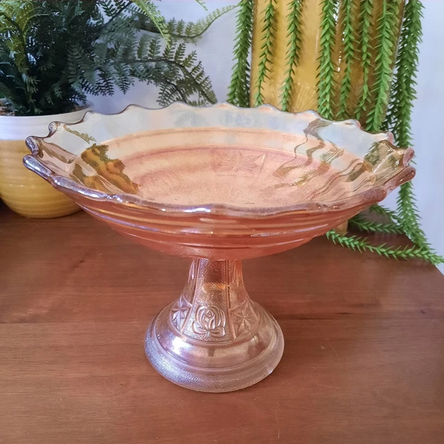 Carnival Glass Pedestal Bowl Rose Panels Marigold Compote Fruit Candy Dish 