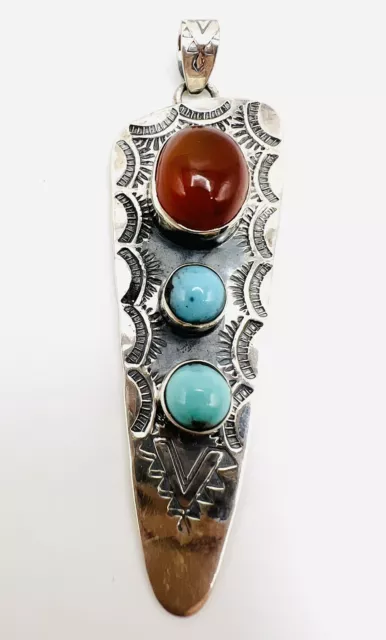 Native American Sterling Silver Turquoise & Carnelian Feather Arrow Pendant