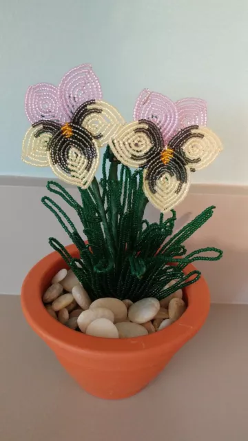 Handmade french beaded Flower Pansy plant in Clay pot lavender & yellow opal