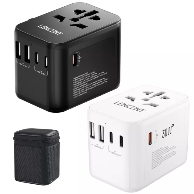 LENCENT Universal Travel Adapter PD30W Fast Charging with 2 USB & 3 Type-C Ports