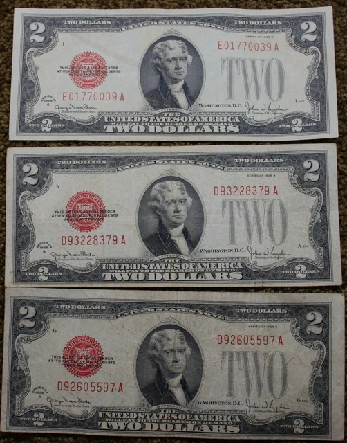 (3) 1928 US Two Dollar notes