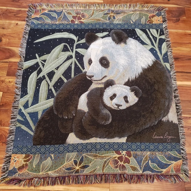 Tapiz Laura Regan Panda y Bebé Flecos Tejidos Floral Bambú 45x54