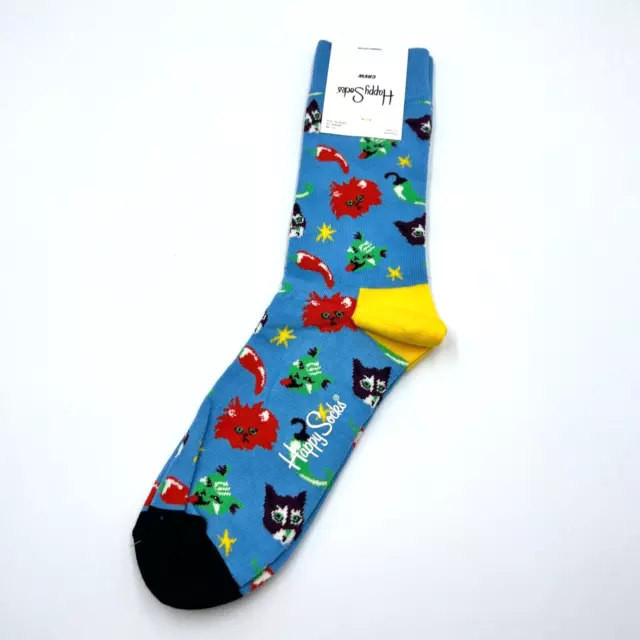 Happy Socks Mens Crew Socks Shoe Size 8-12 Light Blue Crazy Cats Peppers