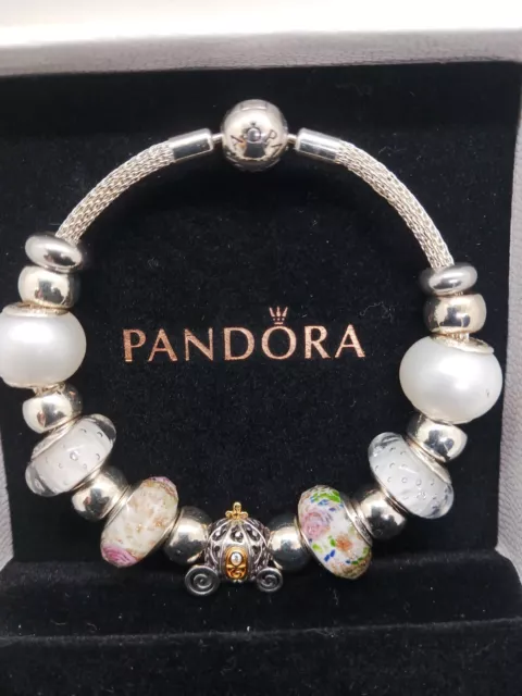 Pandora Moments S925 Bracelet w/100 Year DISNEY Carriage & Murano Pearl Beads