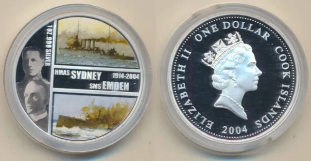 Cook Island: 2004 $1 HMAS Sydney SMS Emden Coloured 1oz Silver