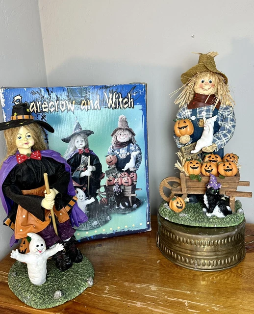 Halloween Scarecrow and Witch 13” Fabric Mache Figures, Open Box Never Used