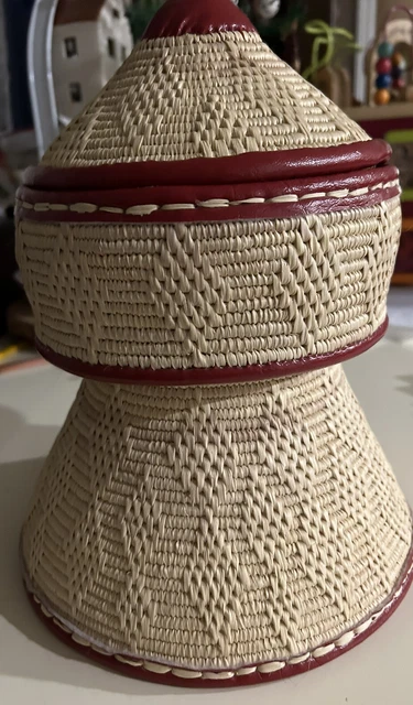 Vintage Ethiopian African Agelgel Woven Leather Straw Food Basket Lid  HTF A102