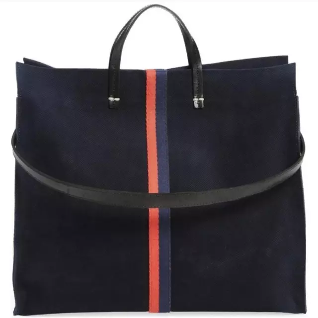 CLARE V Simple Perforated Suede Leather Tote Handbag Navy Blue NEW