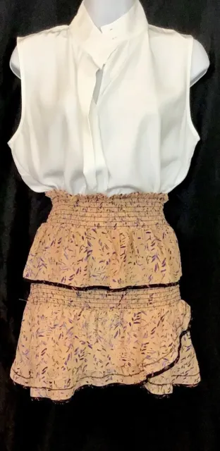 IRO Short Jully Skirt Brown Blue Print Silk Layered Ruffle Elastic Waist Size 34