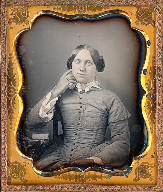 Nicely Posed Pretty Light Eyed Lady Touching Face 1/6 Plate Daguerreotype S289