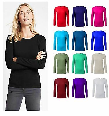 Womens Plain Tshirt Ladies Long Sleeve Scoop Neck T Shirt Top Plus Size 8-26