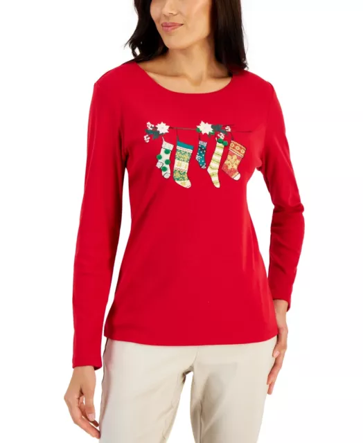 Karen Scott Women's Long Sleeve Holiday Top Red Size Medium