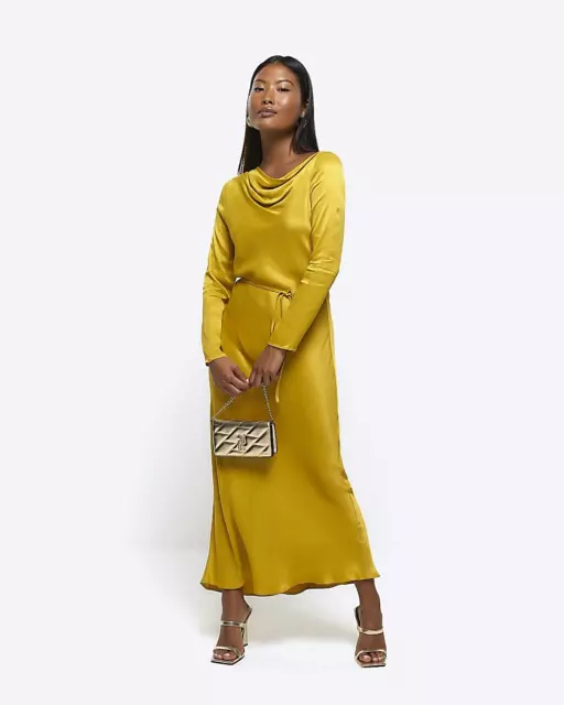 River Island Womens Yellow Blouson Satin Dress 12 Petite