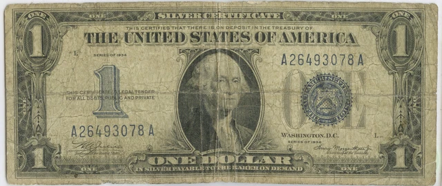 1934 Silver $1 Dollar Certificate Bill Banknote Blue Seal Currency Note DN193