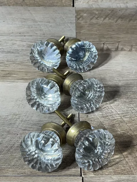 Vintage Glass Knob Drawer Pulls Brass Scalloped Set Of 6