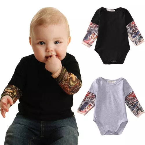 Infant Baby Girl Boy Kid Tattoo Print Long Sleevess Romper Bodysuit Clothes Tops